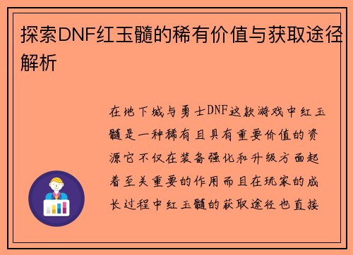 探索DNF红玉髓的稀有价值与获取途径解析